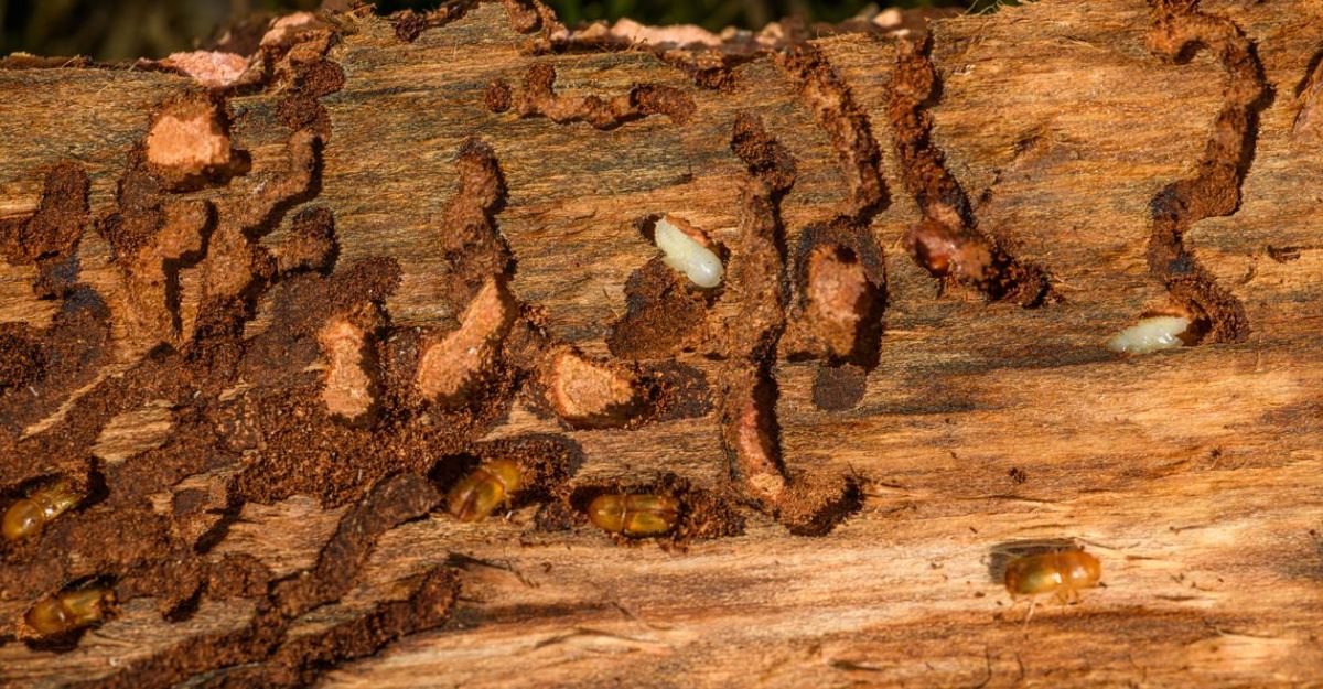 Galeries et larves d'insectes xylophages creusées dans une bûche de bois